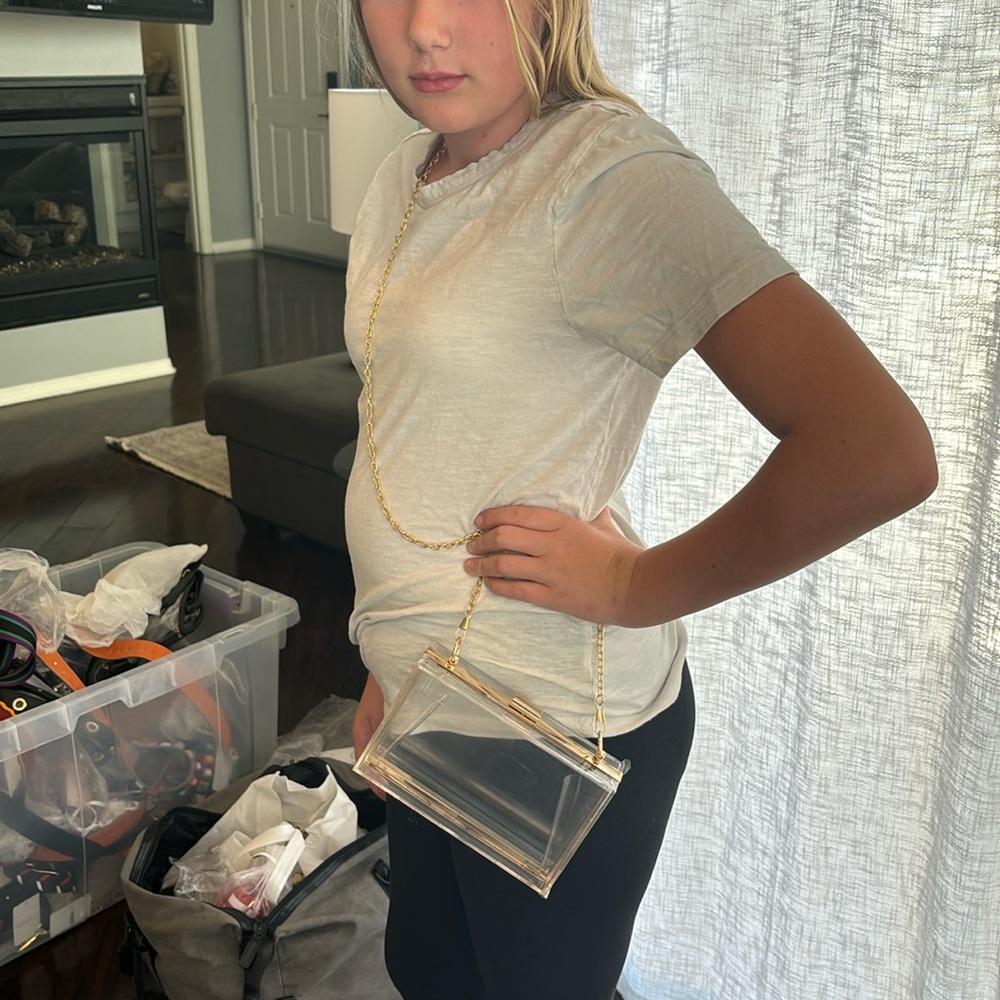 Rectangular clear hard bag with gold tag.